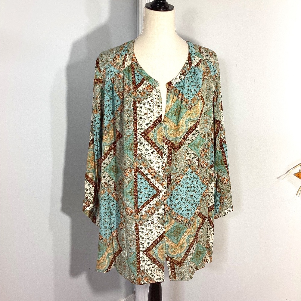 NWT CYNTHIA ROWLEY PLUS 3X BOHO PEASANT TUNIC BUTTON FRONT FLORAL PATCHWORK
